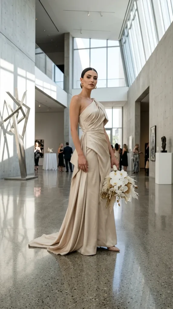 Asymmetrical Champagne Dresses with Modern Draping