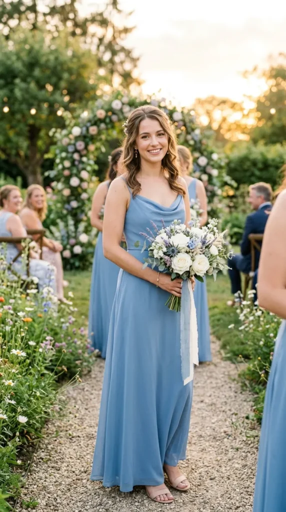 Bluebell Dresses Styled with Soft White and Lavender Bouquets