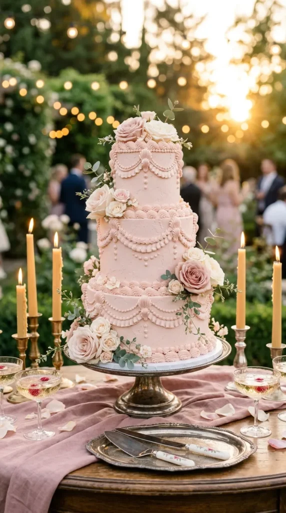 Blush Pink Cakes with Overpiped Vintage Borders