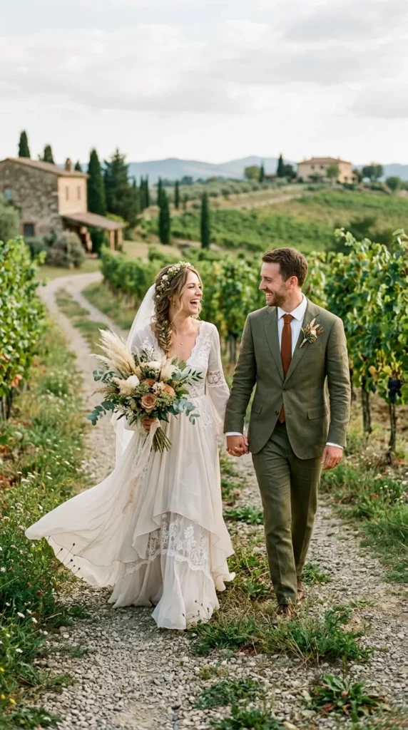 Bohemian Flowing Bride & Earth-Tone Groom Look