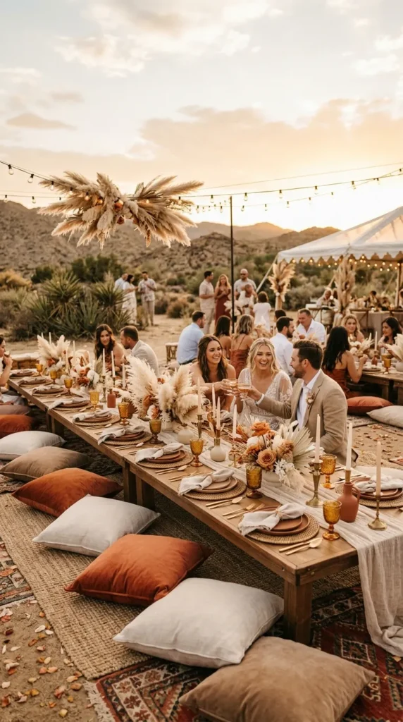 Burnt Orange Boho Picnic Reception Setup