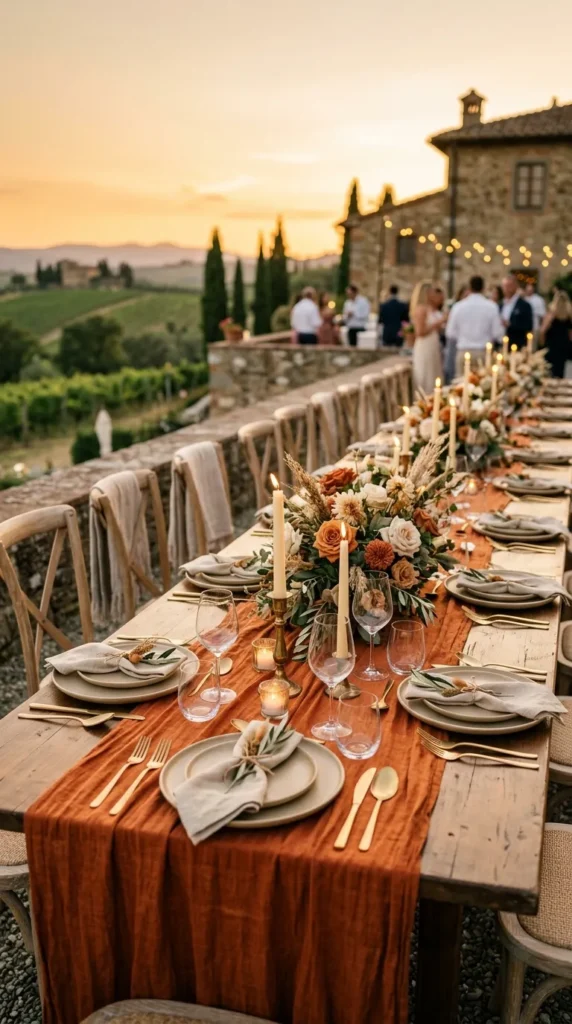 Burnt Orange Linen Tables with Neutral Stoneware