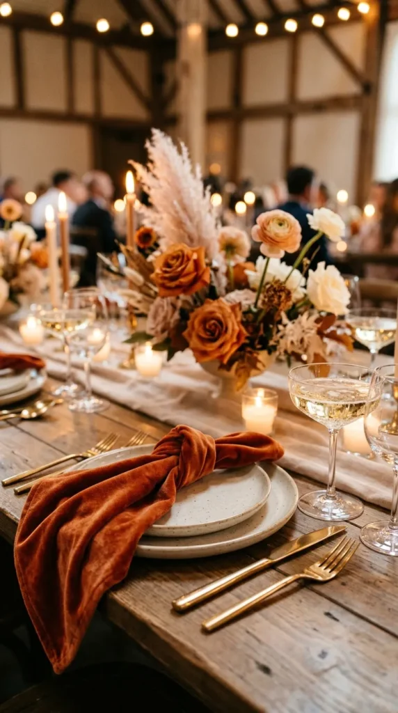 Burnt Orange Velvet Napkins with Gold Flatware