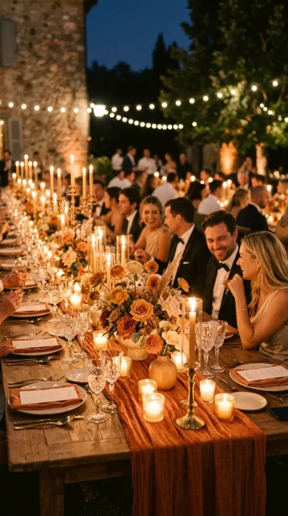  Candlelit Burnt Orange Evening Reception