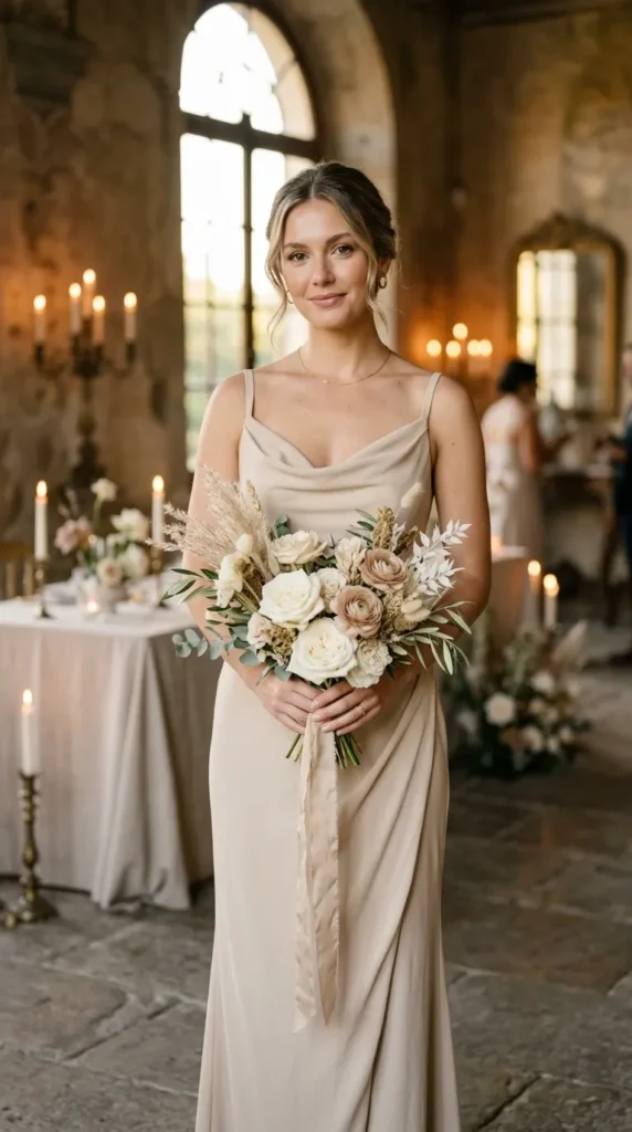 Champagne Beige Dresses with Textural Neutral Bouquets