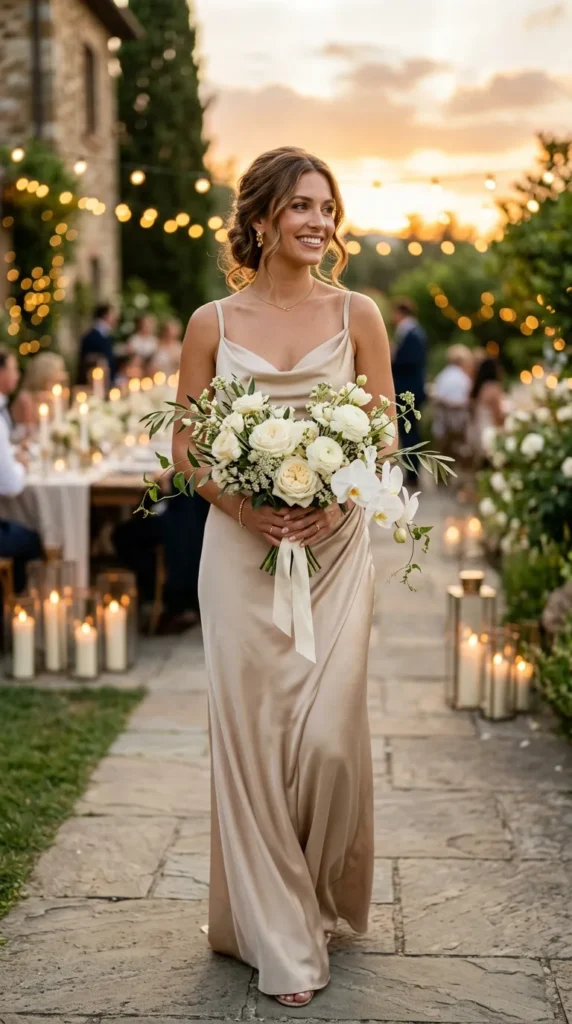 Champagne Dresses with Creamy Ivory Bouquets
