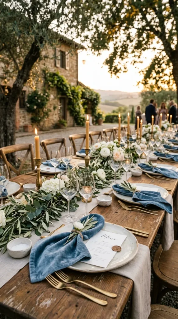 Dusty Blue Velvet Against Natural Wood Tables