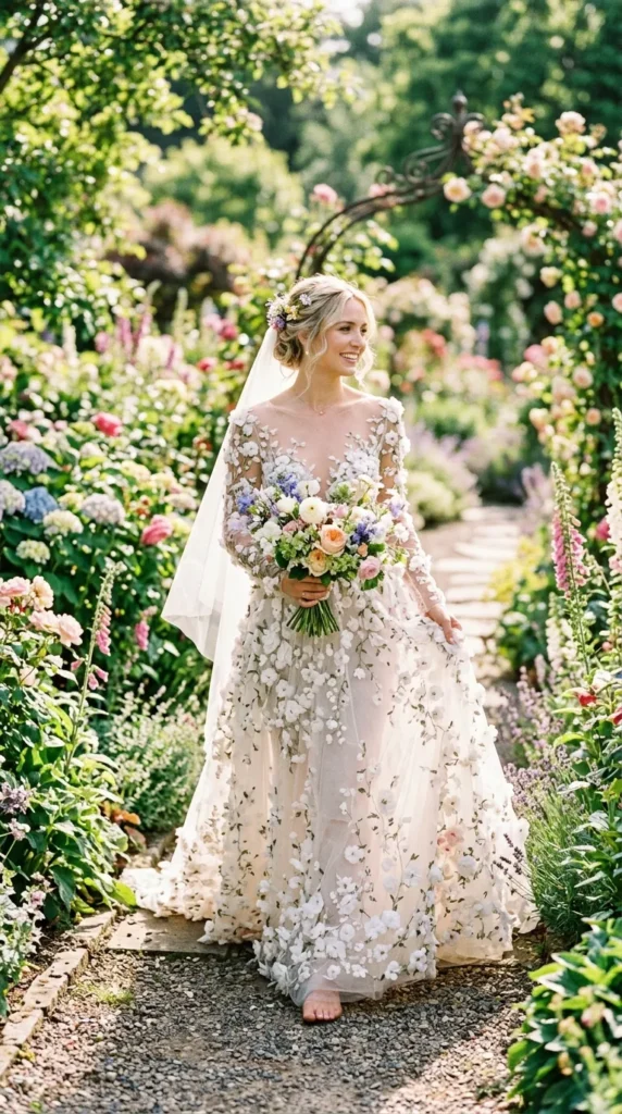 Floral Appliqué Illusion Gown