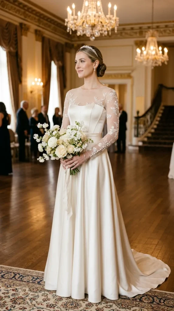 Illusion Sleeve Satin Wedding Dress