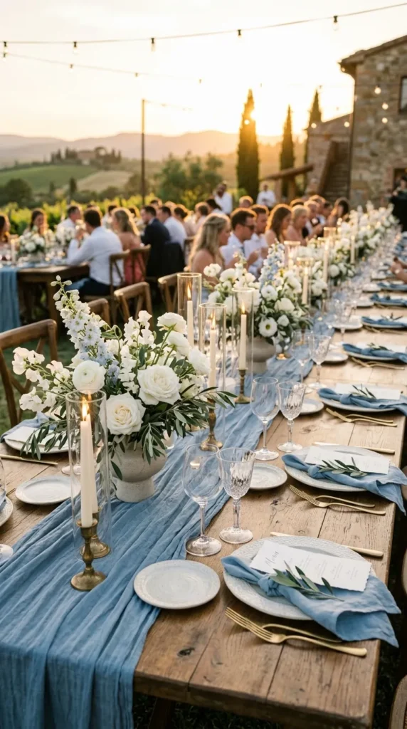Layer Dusty Blue Linen Across Long Reception Tables
