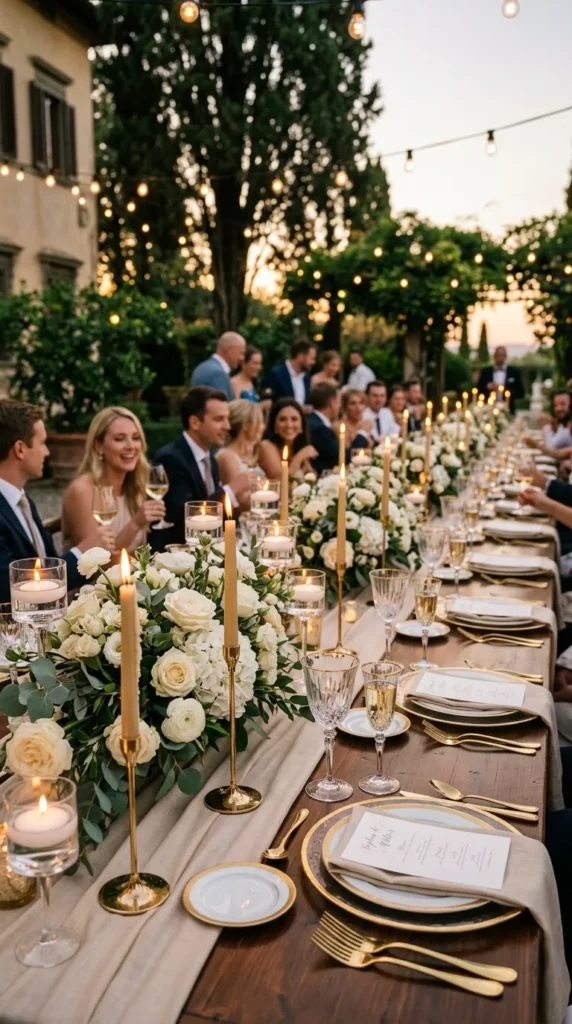Layer Gold Candle Holders Across Long Reception Tables