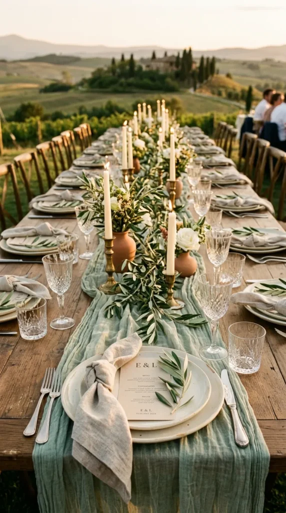 Layer Sage Green Gauze Runners Across Long Wooden Tables
