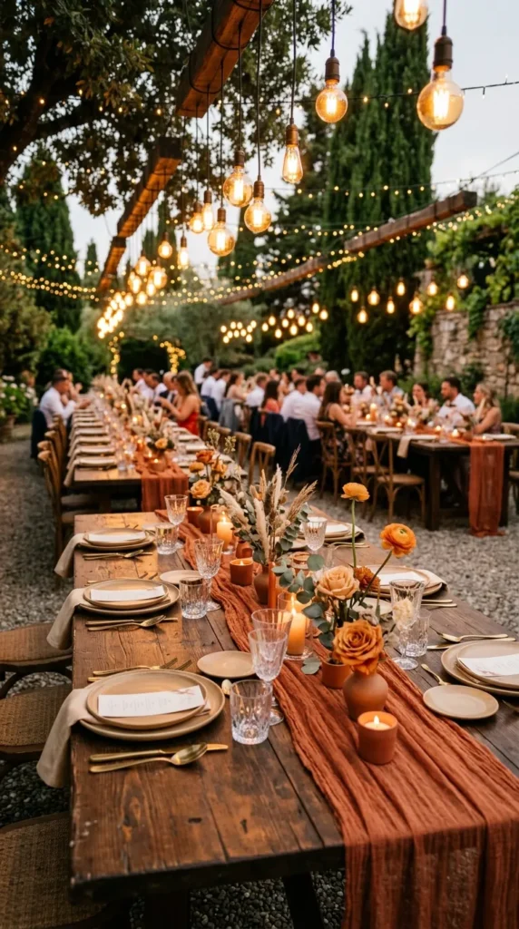 Long Wooden Tables with Hanging Amber Lights