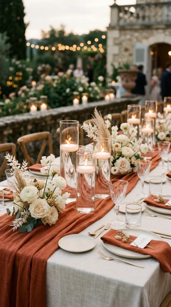 Minimalist Burnt Orange Runner with Floating Candles