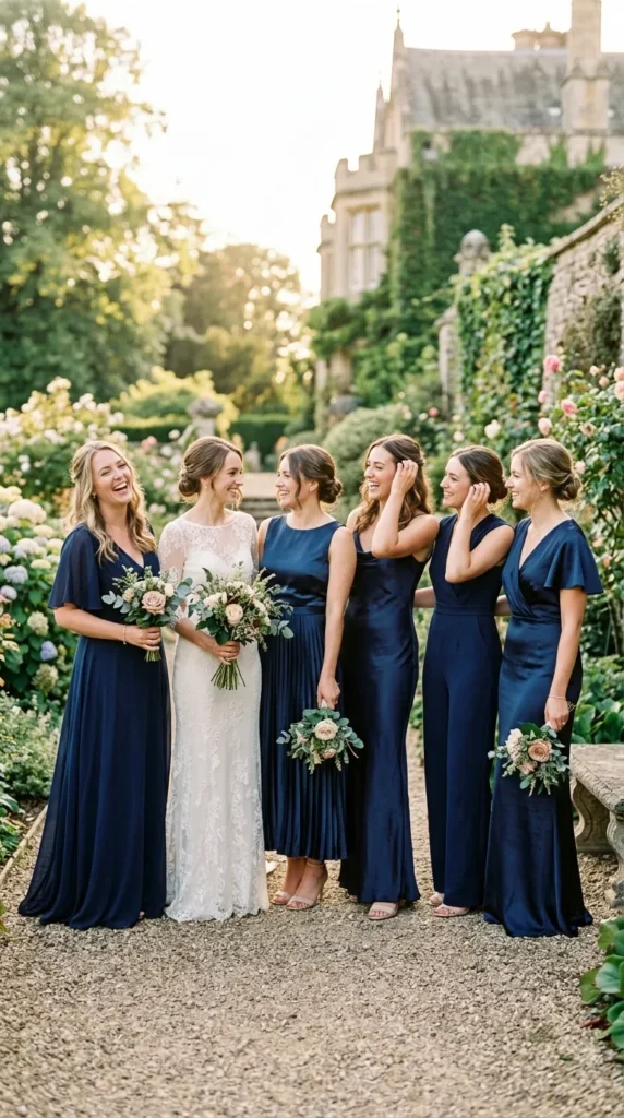 Mix Navy Bridesmaid Dresses in Different Fabrics