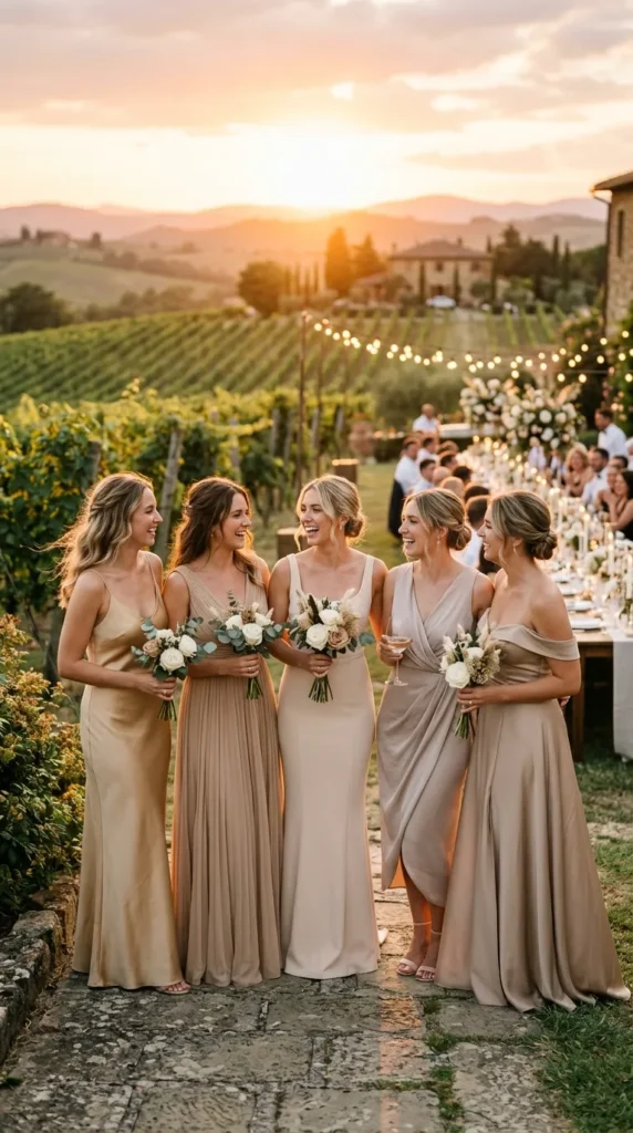 Mixed Champagne Tones Across the Bridal Party