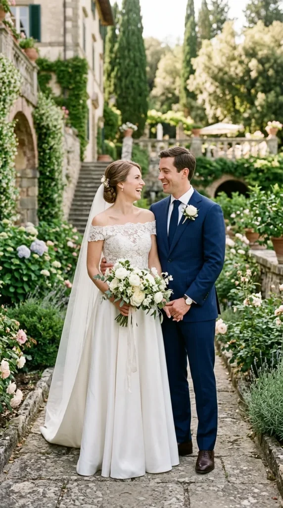 Off-Shoulder Elegance & Navy Suit Contrast
