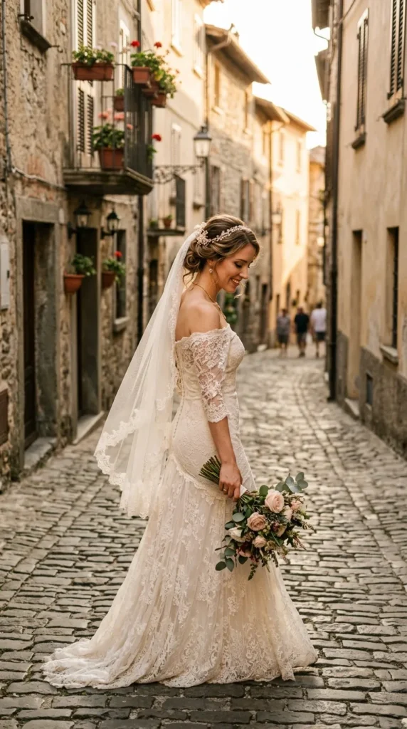 Off-Shoulder Vintage Lace Bridal Gown