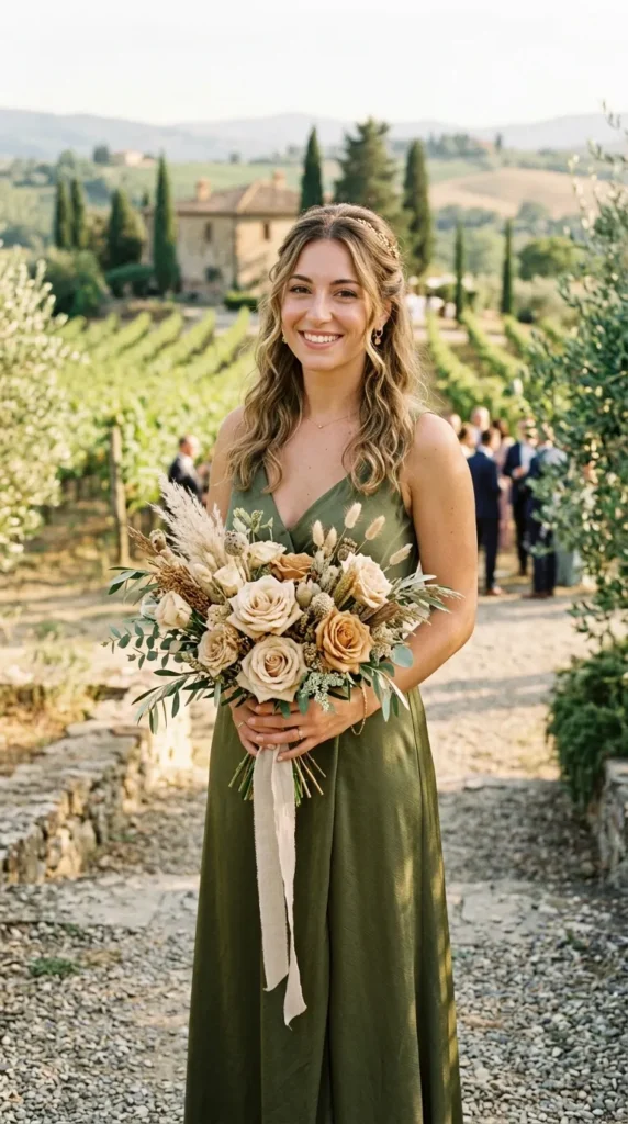 Olive Green Dresses with Neutral Earthy Bouquets