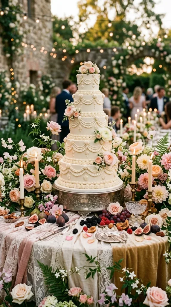 Overgrown Floral Cake Tables with Vintage Cakes
