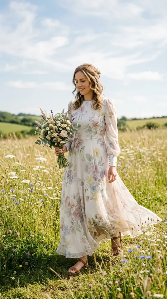 Pastel Floral Printed Wedding Gown