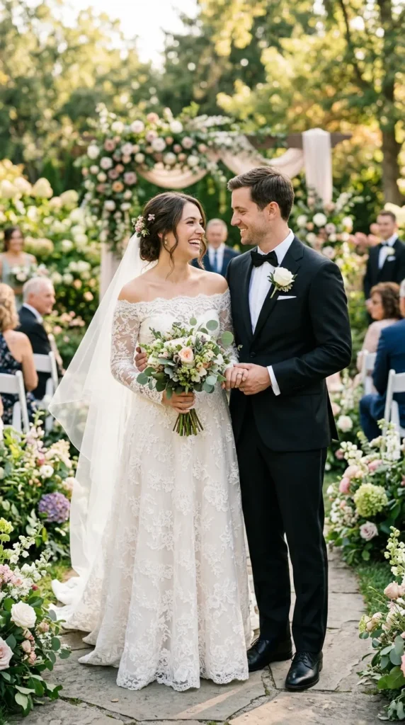 Romantic Lace Bride & Tailored Black Suit Groom