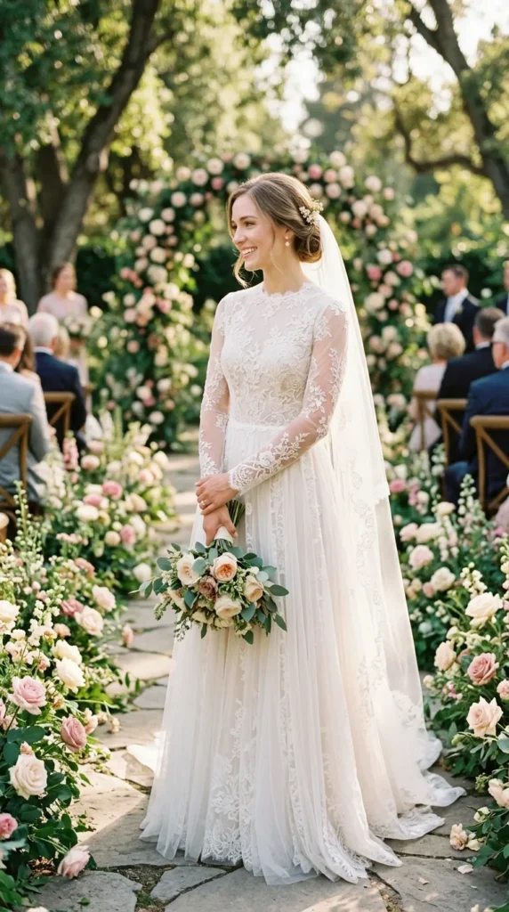 Sheer Lace Long-Sleeve A-Line Dress