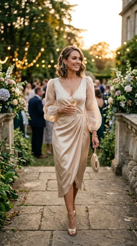 Sheer Sleeve Satin Midi Dresses
