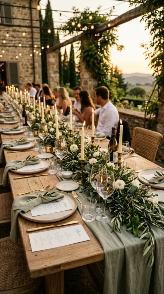 Style Long Olive Green Tablescapes with Candlelight