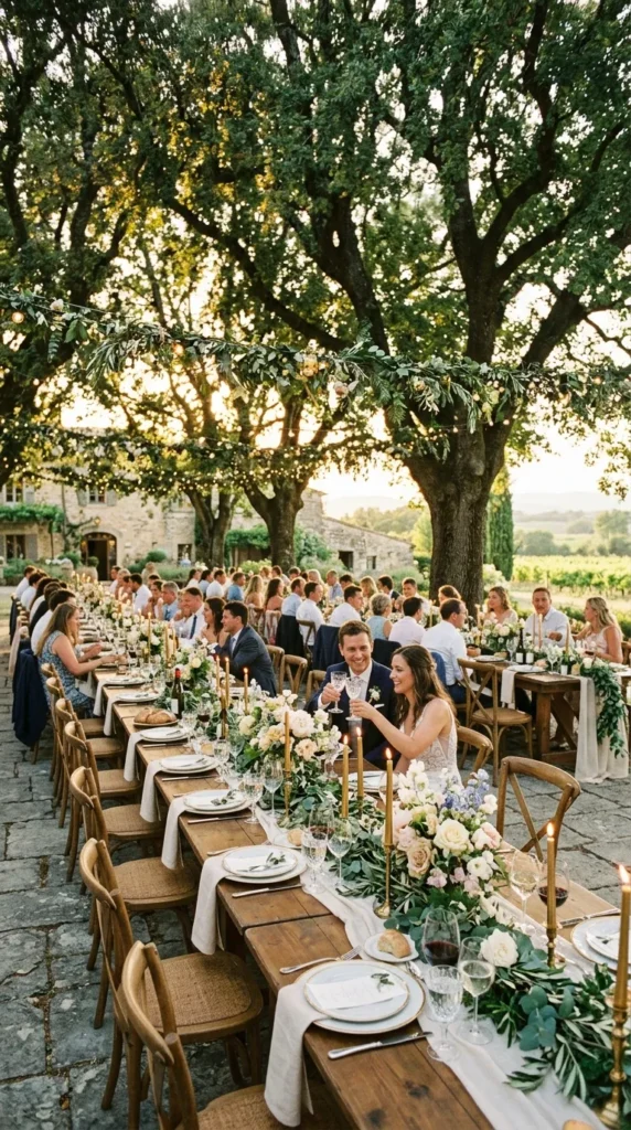 Style Long Outdoor Dinner Tables Beneath Trees