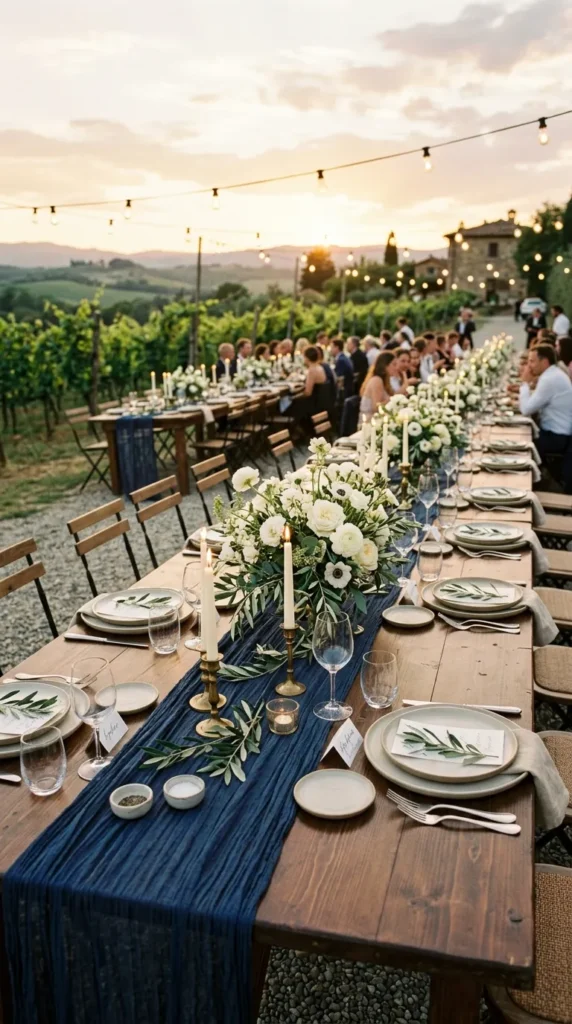 Style Long Wooden Tables with Navy Gauze Runners
