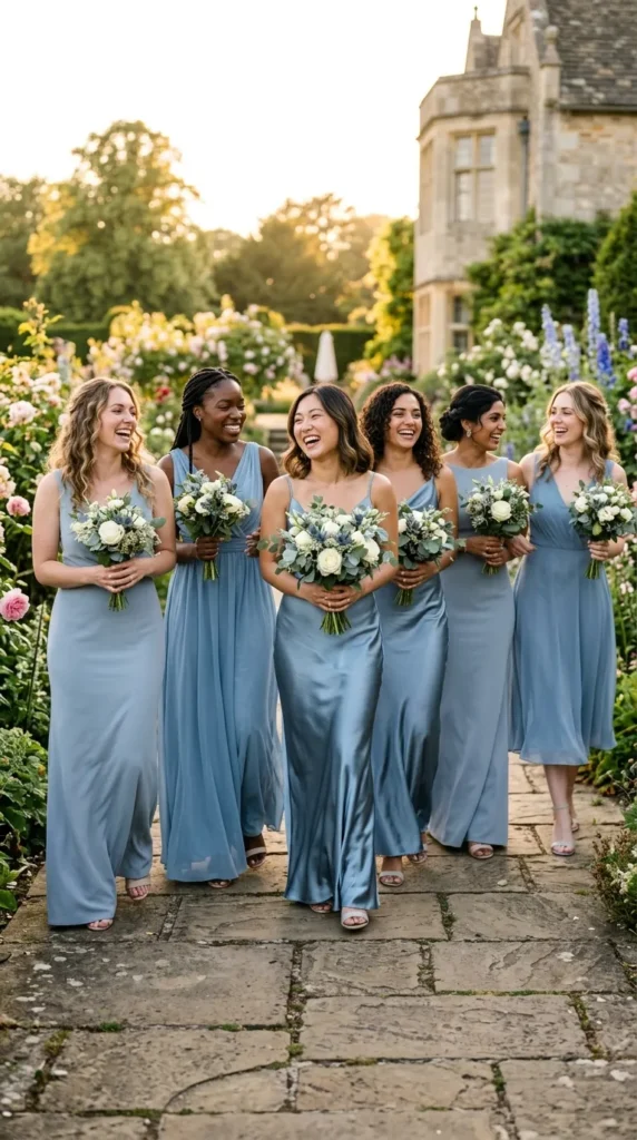 Use Dusty Blue Bridesmaid Dresses in Mixed Fabrics