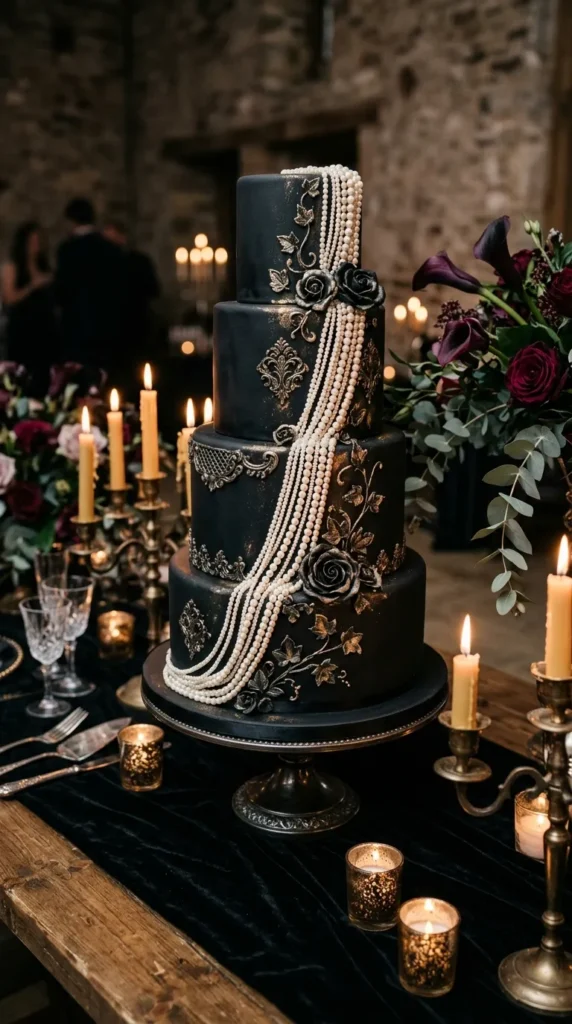 Black Cake with Antique Pearl Details