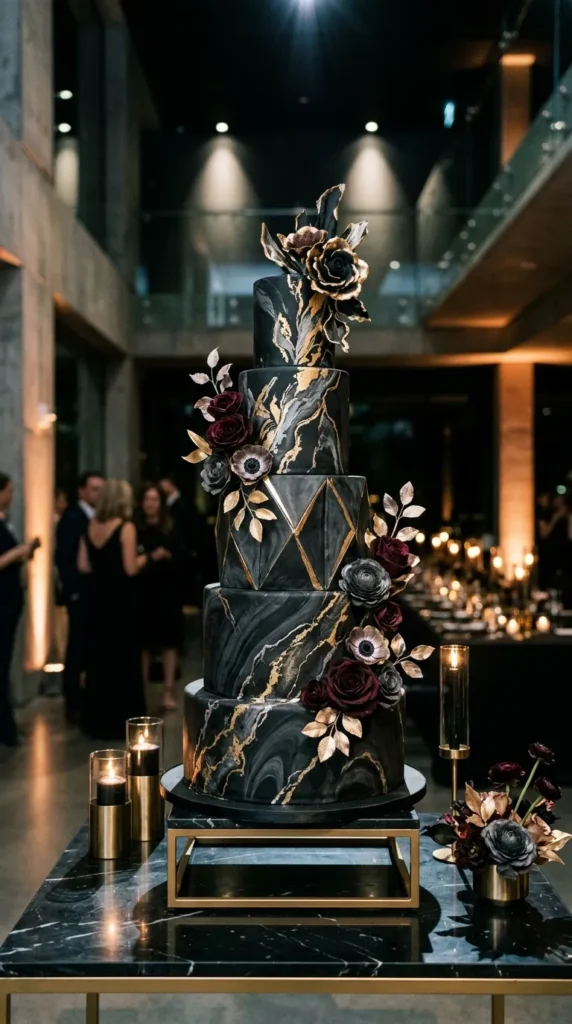 Black Marble Cake with Metallic Veining