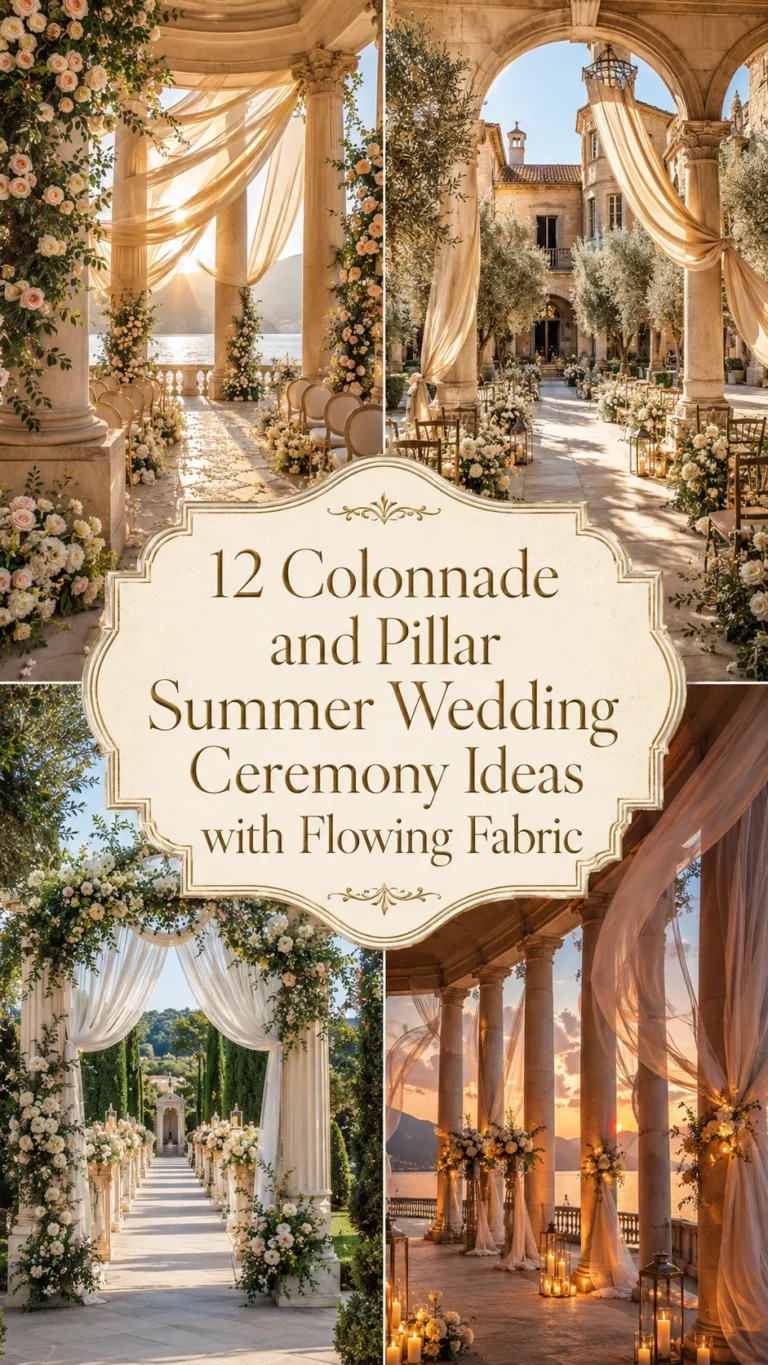 Colonnade and Pillar Summer Wedding Ceremony Ideas with Flowing Fabric