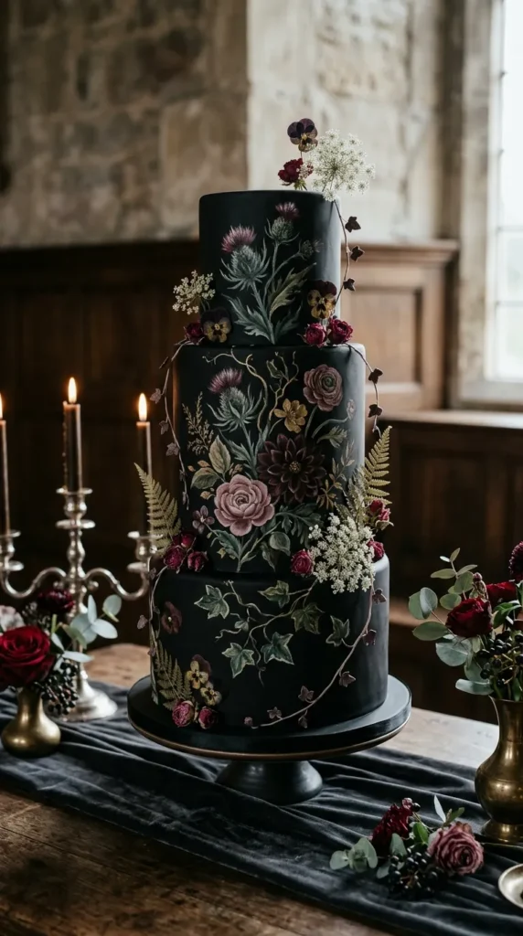Dark Botanical-Inspired Wedding Cake