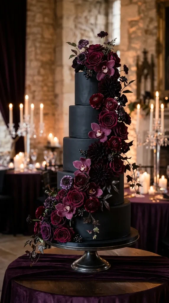 Deep Burgundy Floral Cascade Cake