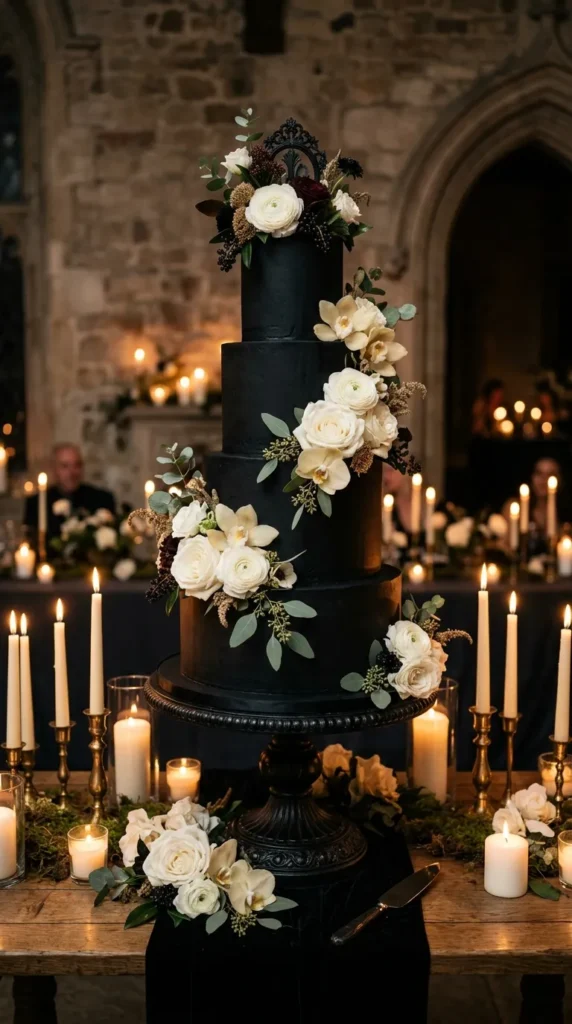 Matte Black Buttercream with Fresh White Roses