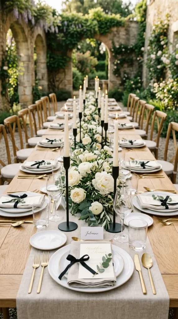 Pair Black Candlesticks with Neutral Linens