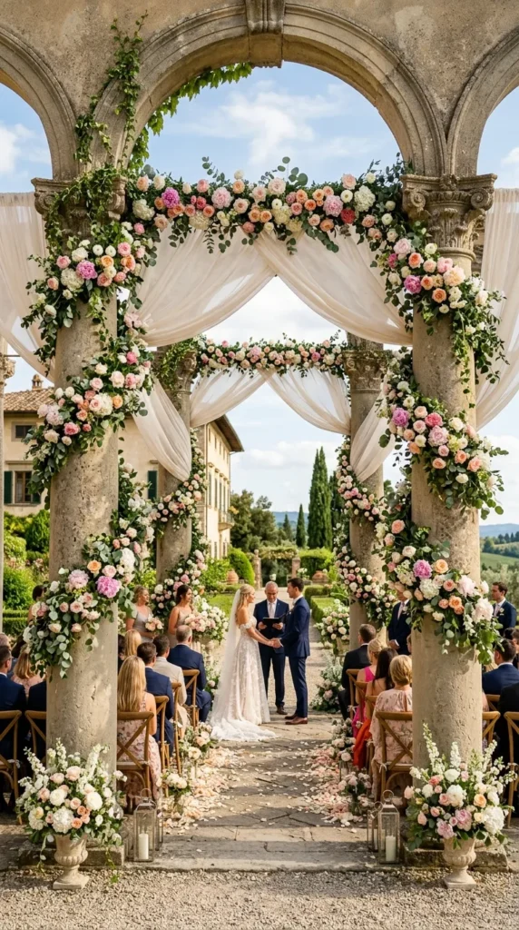 Pair Stone Columns with Garden Roses