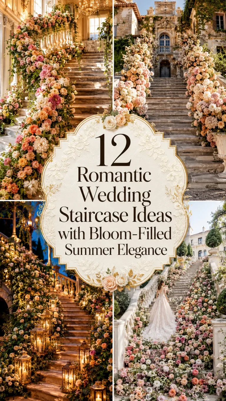Romantic Wedding Staircase Ideas with Bloom-Filled Summer Elegance