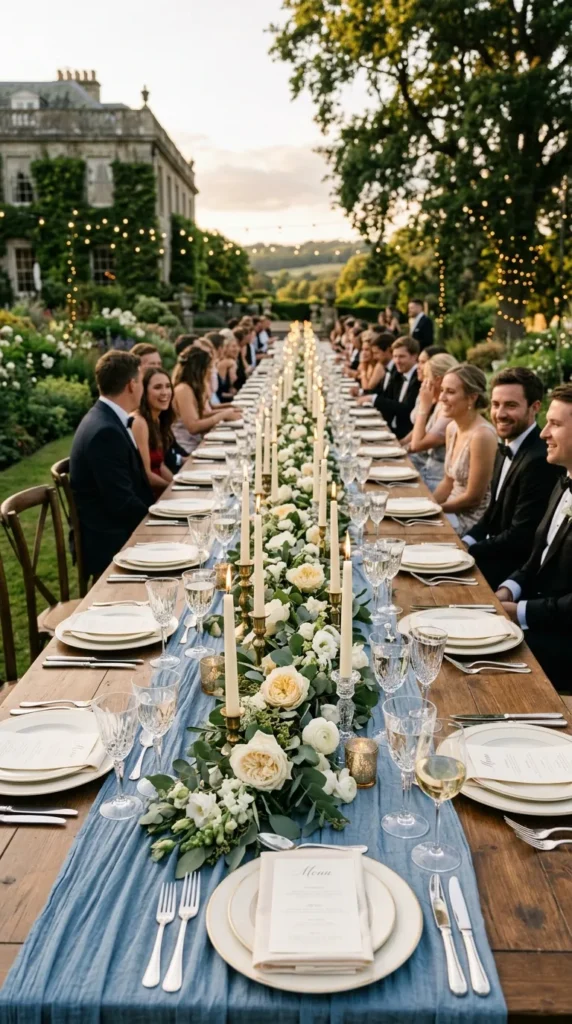 Style Long Reception Tables with Dusty Blue Linen Runners