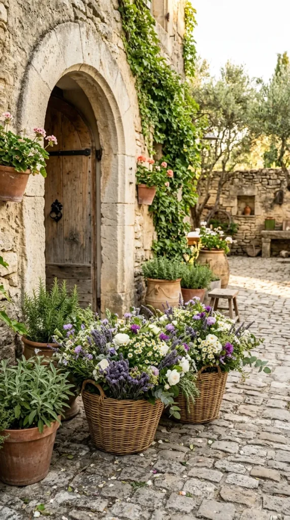 Use Woven Baskets Overflowing with Flowers