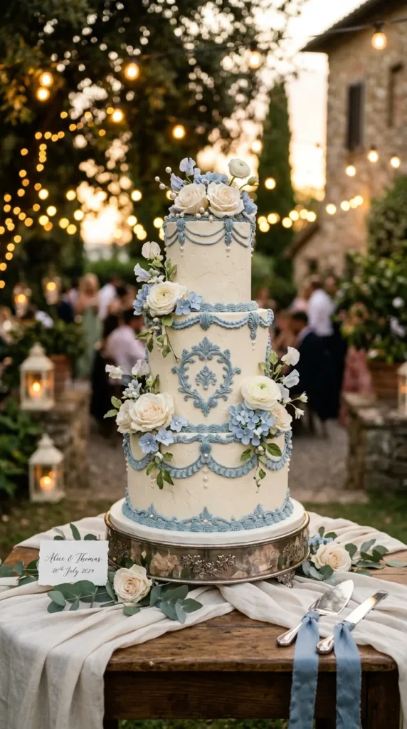 Vintage Blue and Ivory Cake