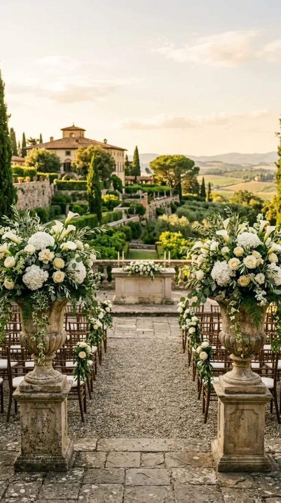 Add Stone Urns Filled with Seasonal Flowers