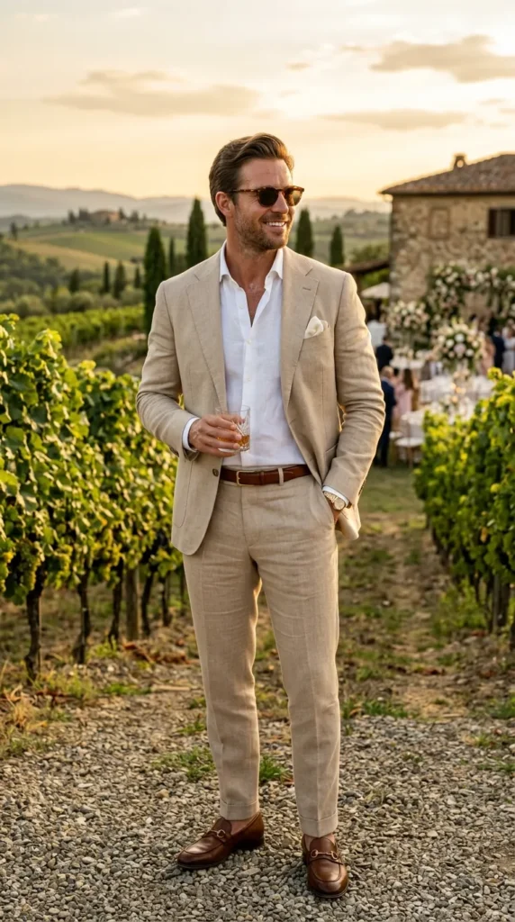 Beige Linen Suit with a Crisp White Shirt