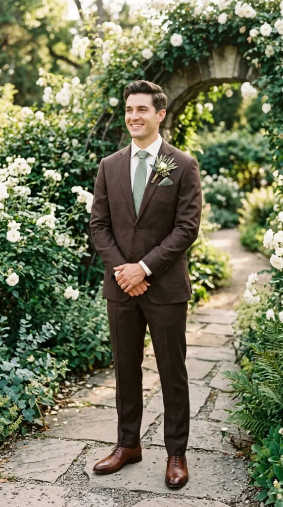 Brown Suit with Sage Green Accents
