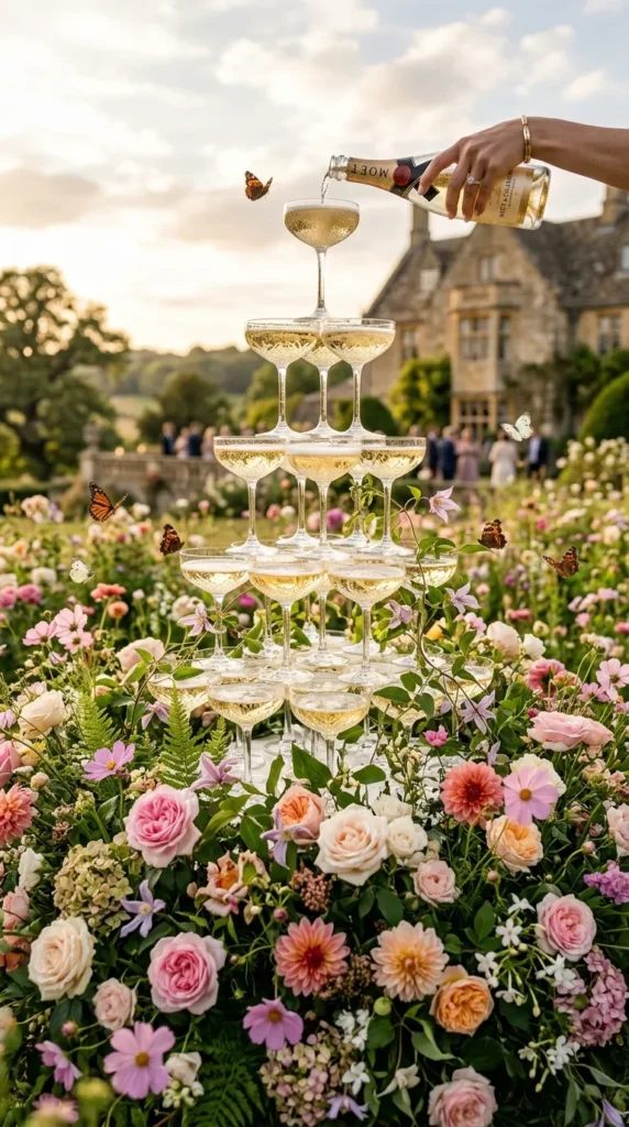 Champagne Tower Surrounded by Seasonal Florals