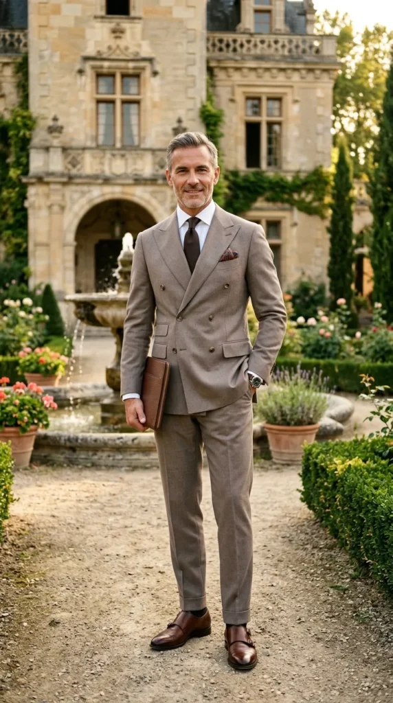 Double-Breasted Suit in Soft Taupe
