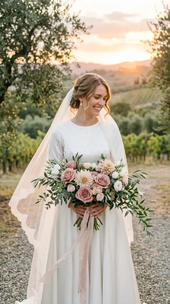 Carry a Dusty Rose Bouquet with Olive Foliage